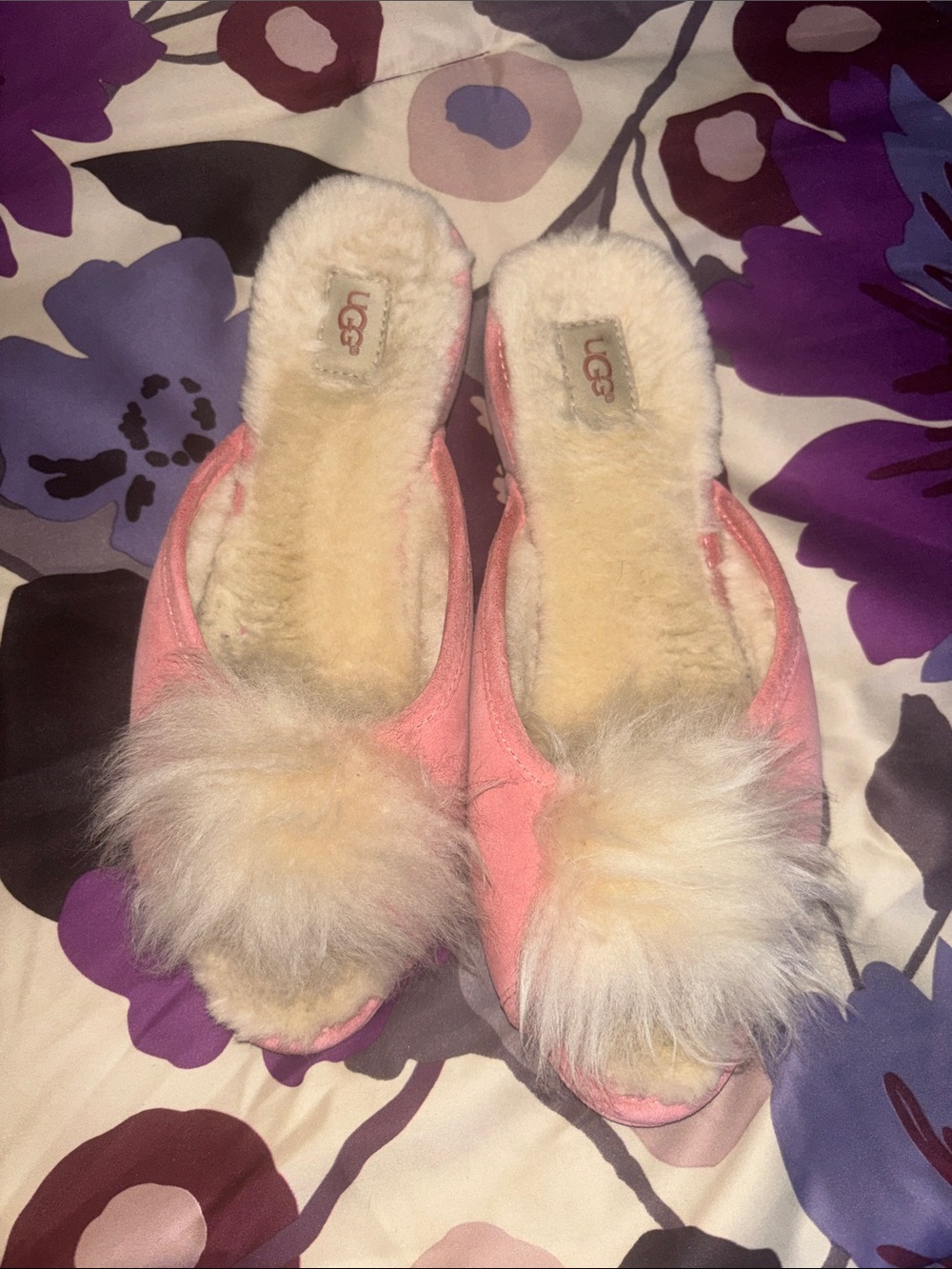 UGG Pink Pom-Accent Shearling Slip-On Slippers - Picture 2 of 6